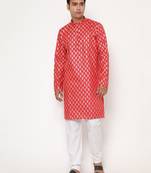 Red silk blend golden zari woven motifs men's kurta with pyjama
