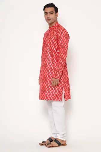 Red silk blend golden zari woven motifs men's kurta with pyjama