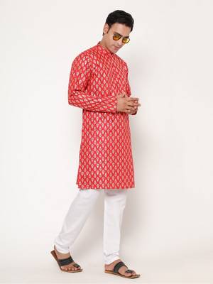Red silk blend golden zari woven motifs men's kurta with pyjama 4