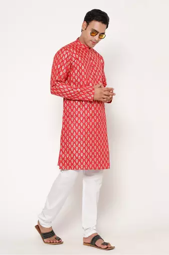 Red silk blend golden zari woven motifs men's kurta with pyjama