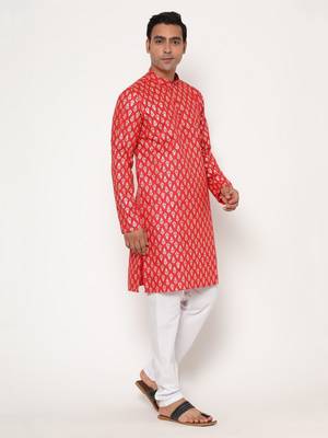Red silk blend golden zari woven motifs men's kurta with pyjama 5