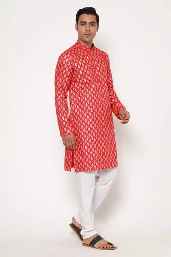 Red silk blend golden zari woven motifs men's kurta with pyjama