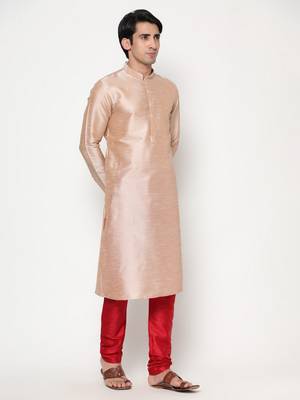 Beige dupion silk plain  men's kurta with pyjama 1