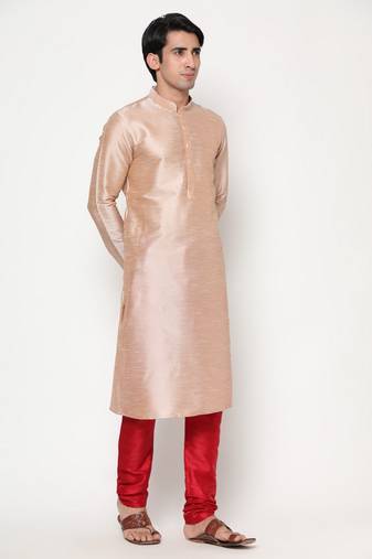 Beige dupion silk plain  men's kurta with pyjama