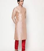 Beige dupion silk plain  men's kurta with pyjama