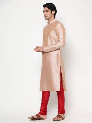 Beige dupion silk plain  men's kurta with pyjama 2