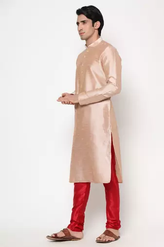Beige dupion silk plain  men's kurta with pyjama