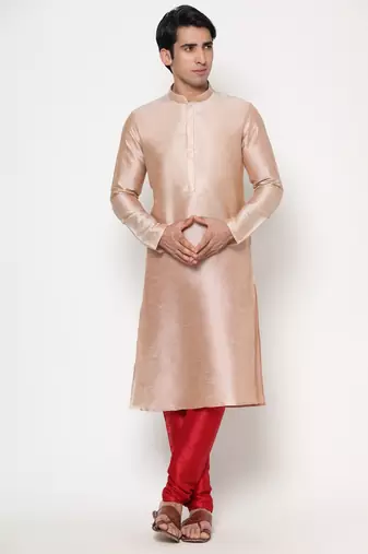 Beige dupion silk plain  men's kurta with pyjama