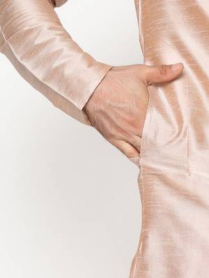 Beige dupion silk plain  men's kurta with pyjama 4