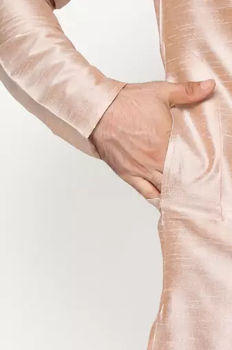 Beige dupion silk plain  men's kurta with pyjama