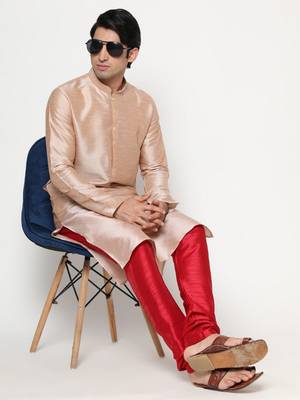 Beige dupion silk plain  men's kurta with pyjama 5