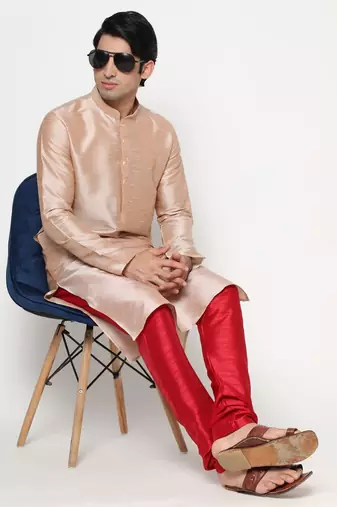 Beige dupion silk plain  men's kurta with pyjama