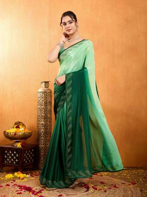 green chiffon swaroski work work saree with unstitched blouse piece 2