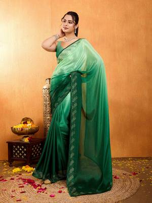 green chiffon swaroski work work saree with unstitched blouse piece 4