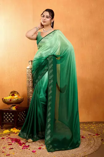 green chiffon swaroski work work saree with unstitched blouse piece