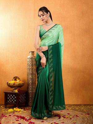 green chiffon swaroski work work saree with unstitched blouse piece 5