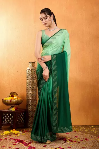 green chiffon swaroski work work saree with unstitched blouse piece