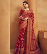 red poly viscose georgette woven banarasi designer saree