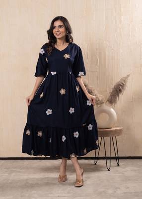Women rayon flared embroidery dress 1