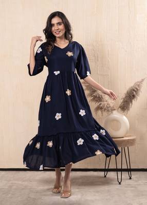 Women rayon flared embroidery dress 2