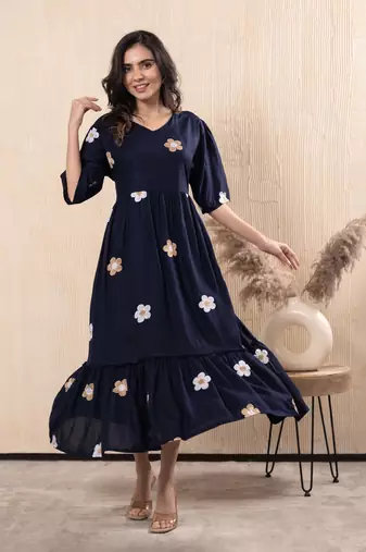 Women rayon flared embroidery dress