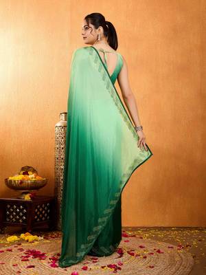green chiffon swaroski work work saree with unstitched blouse piece 6