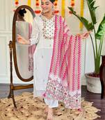 White Women's Viscose Chanderi Straight Kurta, Pant and Dupatta Set