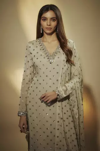Grey sequins and mirror embroidered suit set with sequins dupatta