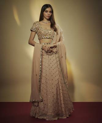 Caramel Shade Chinnon Chiffon Sequins And Mirror Embroidered Lehenga Set 1