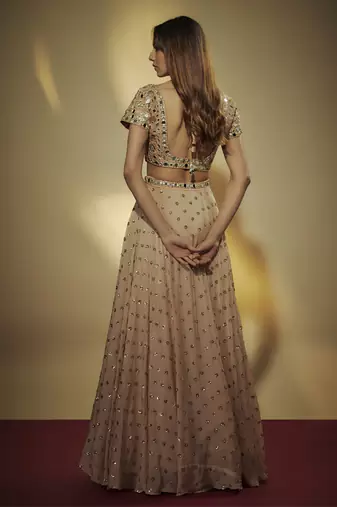 Caramel Shade Chinnon Chiffon Sequins And Mirror Embroidered Lehenga Set