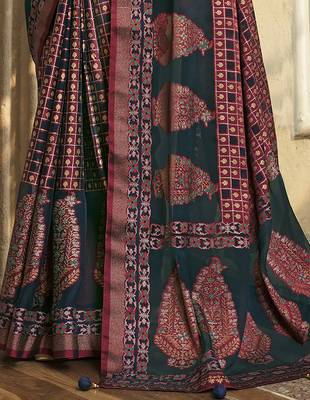 teal poly viscose georgette geometric pattern banarasi saree 4