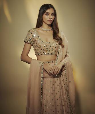 Caramel Shade Chinnon Chiffon Sequins And Mirror Embroidered Lehenga Set 3