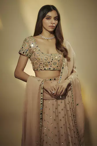 Caramel Shade Chinnon Chiffon Sequins And Mirror Embroidered Lehenga Set