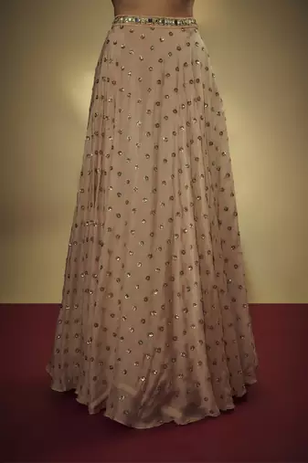 Caramel Shade Chinnon Chiffon Sequins And Mirror Embroidered Lehenga Set