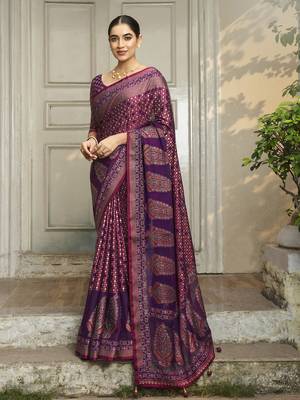 violet poly viscose georgette geometric pattern banarasi saree 1