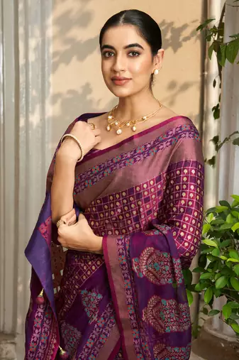 violet poly viscose georgette geometric pattern banarasi saree