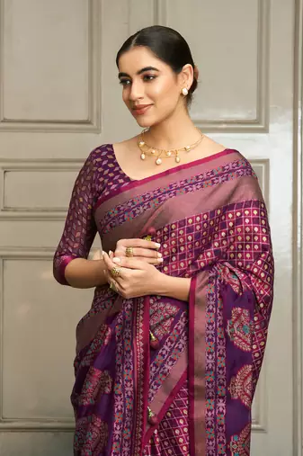 violet poly viscose georgette geometric pattern banarasi saree
