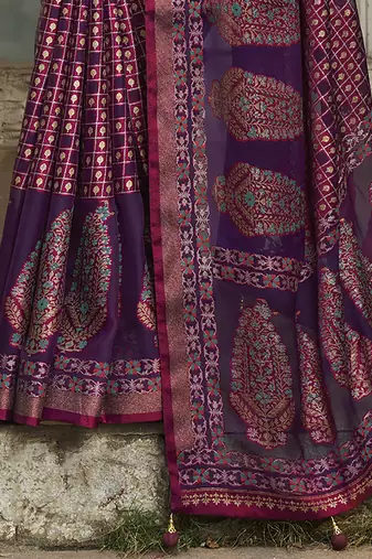 violet poly viscose georgette geometric pattern banarasi saree