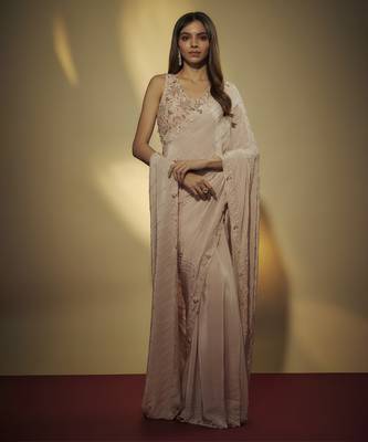 Pre draped cutdana and sequins hand embroidered saree 1