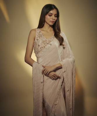 Pre draped cutdana and sequins hand embroidered saree 3