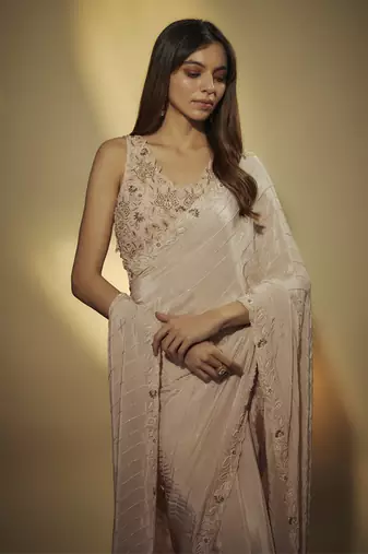 Pre draped cutdana and sequins hand embroidered saree