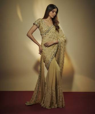 Gold pre drapped chinnon chiffon sequins saree with mirror and sequins hand embroidery. 1