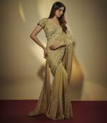 Gold pre drapped chinnon chiffon sequins saree with mirror and sequins hand embroidery.