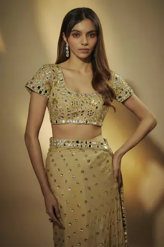 Gold pre drapped chinnon chiffon sequins saree with mirror and sequins hand embroidery.