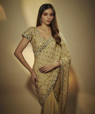 Gold pre drapped chinnon chiffon sequins saree with mirror and sequins hand embroidery. 3