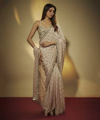 Pre drappe chinnon chiffon sequins and mirror work hand embroidered saree 1