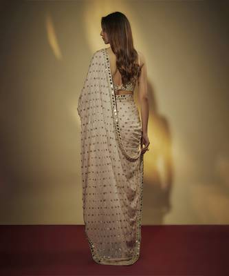 Pre drappe chinnon chiffon sequins and mirror work hand embroidered saree 2