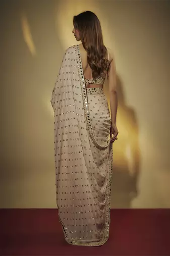 Pre drappe chinnon chiffon sequins and mirror work hand embroidered saree