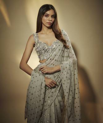 Steel grey sequins and mirror embroidered draped skirt set. 2