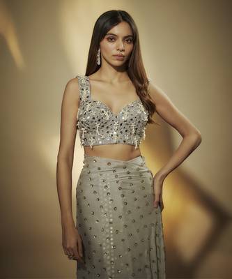 Steel grey sequins and mirror embroidered draped skirt set. 4